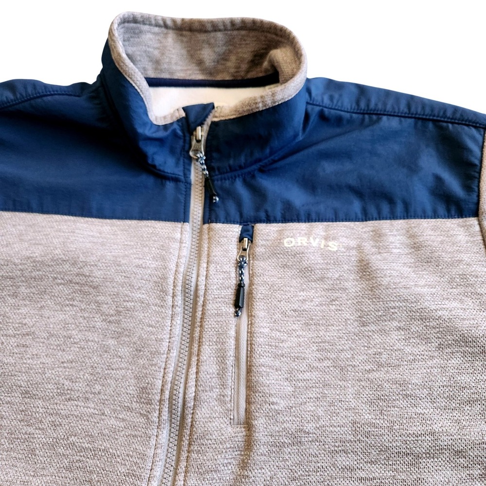 Orvis Full Zip Fleece Jacket Mens XXL Gray Navy Blue Knit Lightweight Gorpcore